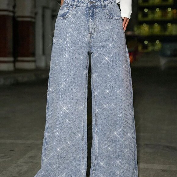 Light Wash Casual Women's Rhinestone Studded Low Waist Baggy Jeans with Glitter - Picture 5 of 6